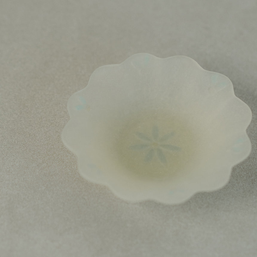 Blooming Whisper Glass Bowl, Embossed Blue Petal on Yellow