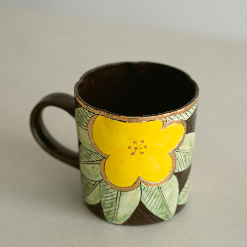 Etched Noir Black Clay Flower Mug, Camellia