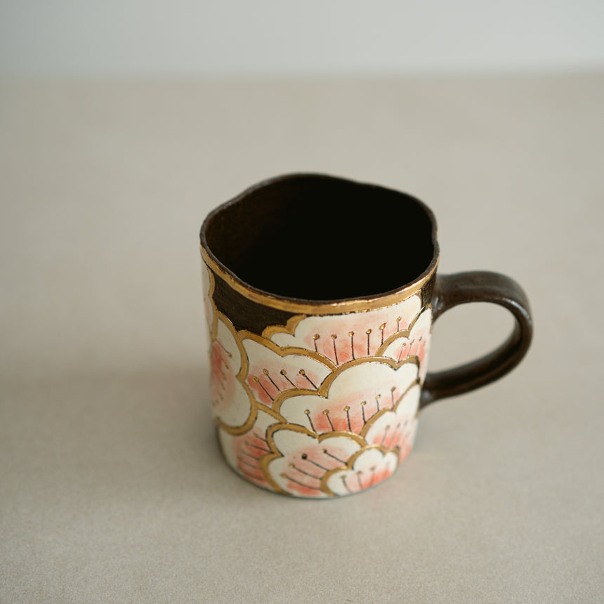 Etched Noir Black Clay Flower Mug, Peony
