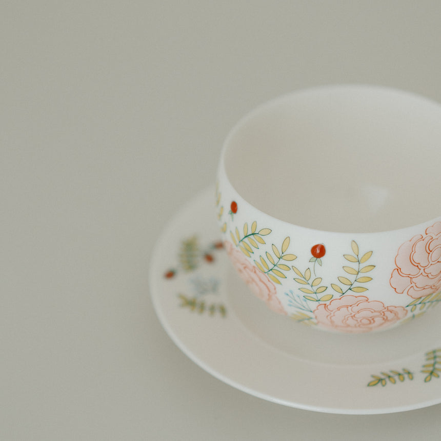 Hand-Painted Rose Latte Bowl with Saucer