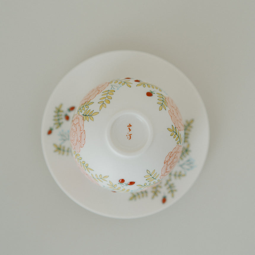 Hand-Painted Rose Latte Bowl with Saucer