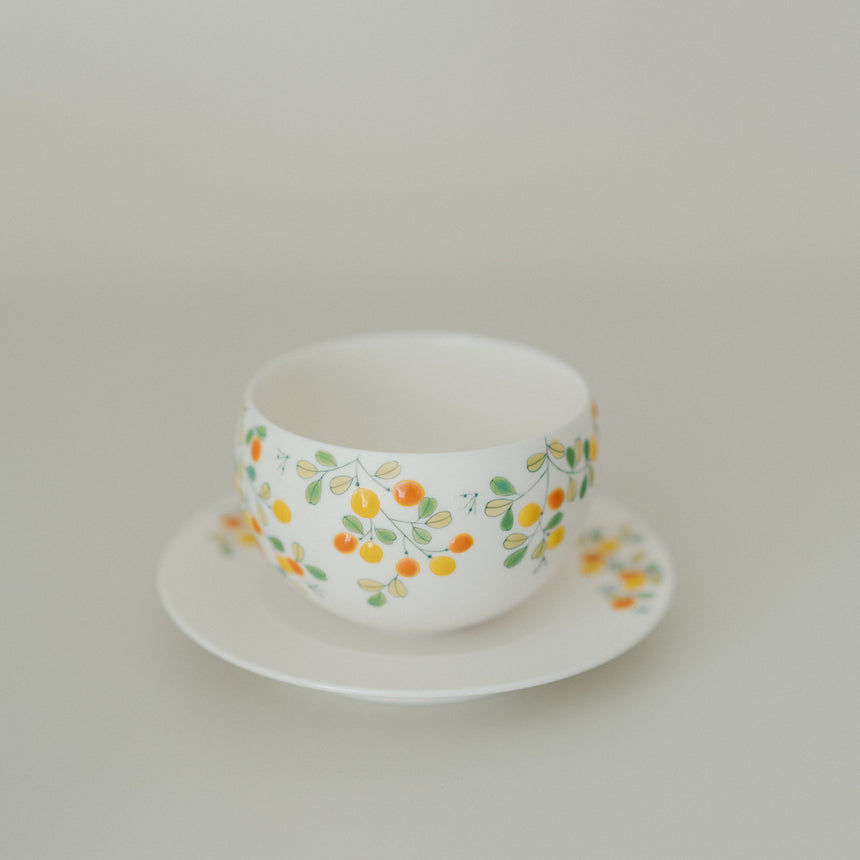 Hand-Painted Kumquat Latte Bowl with Saucer