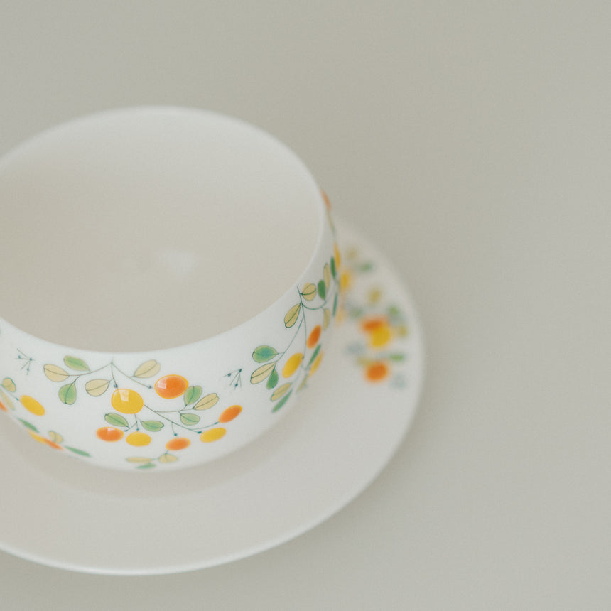 Hand-Painted Kumquat Latte Bowl with Saucer