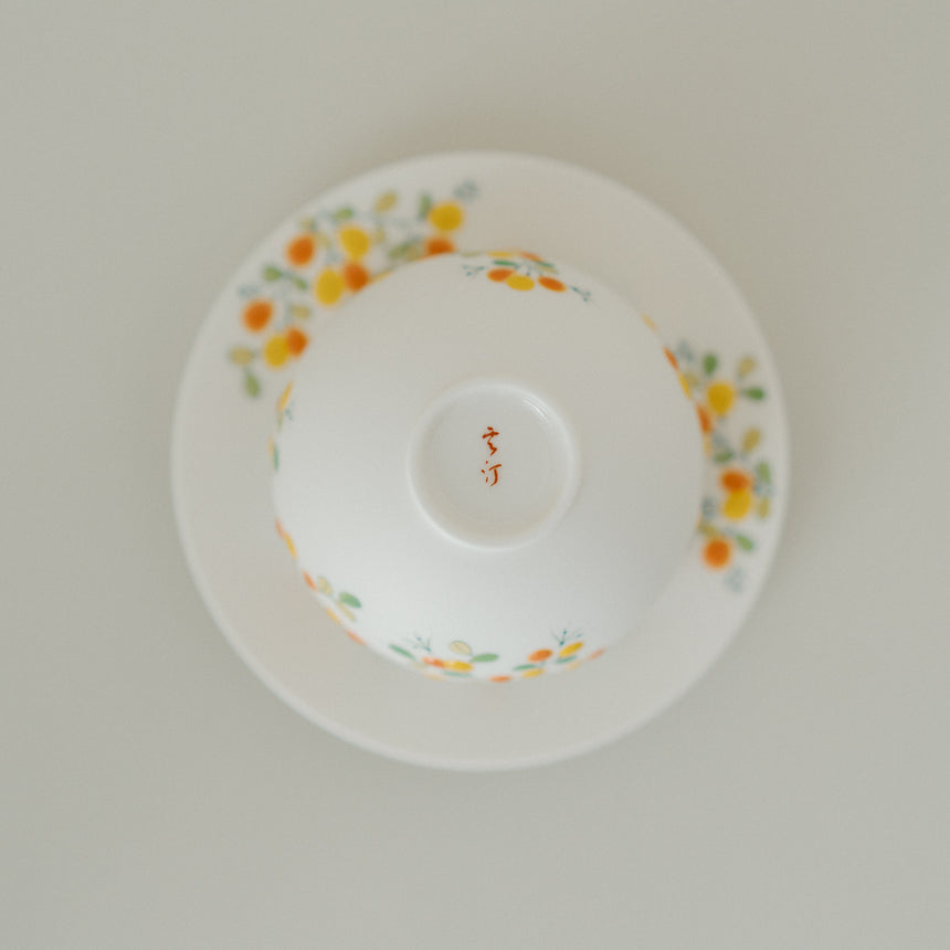 Hand-Painted Kumquat Latte Bowl with Saucer