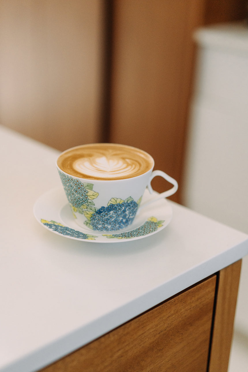 Blue Hydrangea Latte Mug and Saucer - Hand-painted