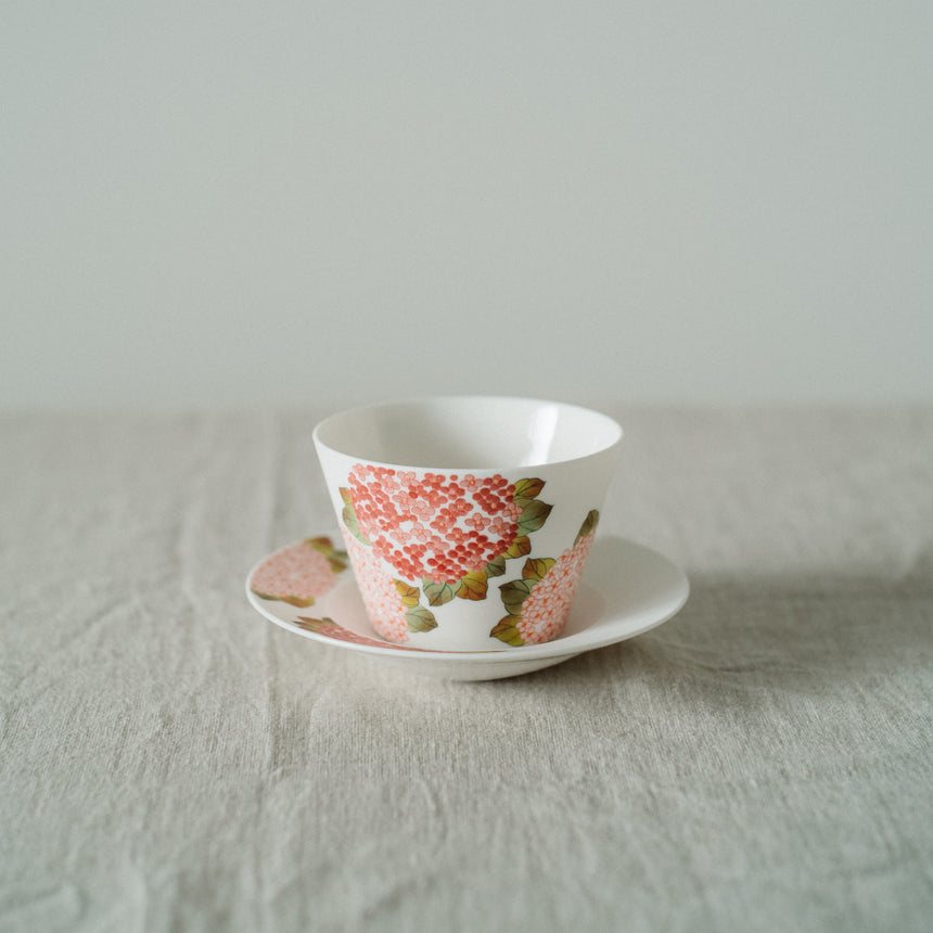 Pink Hydrangea Latte Cup and Saucer - Hand-painted